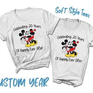 Celebrating Custom Years of Happily Ever After Couples T-Shirts | 2023 Anniversary Shirt | Personalized Year | Mickey and Minnie Kiss