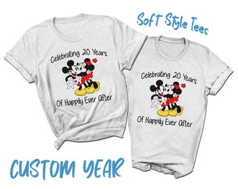 Celebrating Custom Years of Happily Ever After Couples T-Shirts | 2023 Anniversary Shirt | Personalized Year | Mickey and Minnie Kiss