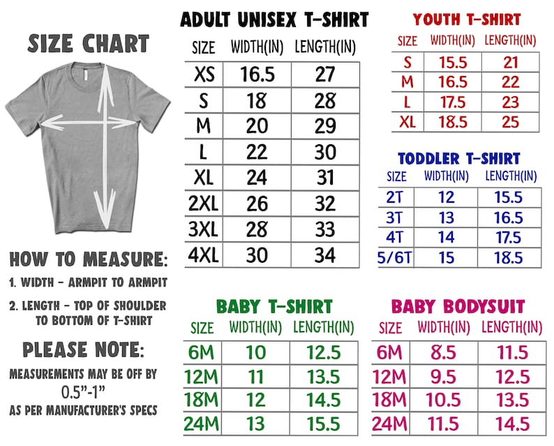 Pu&ograve; includere: Tabella delle taglie per t-shirt unisex per adulti, bambini, bambini piccoli, neonati e neonati con body. La tabella mostra le taglie in pollici per larghezza e lunghezza. La tabella include le taglie XS a 4XL per adulti unisex, S a XL per bambini, 2T a 5/6T per bambini piccoli, 6M a 24M per neonati e 6M a 24M per neonati con body.