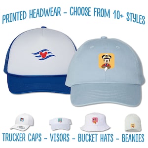 May include: A selection of printed headwear featuring various Disney characters. The headwear includes trucker caps, visors, bucket hats, and beanies.  "PRINTED HEADWEAR - CHOOSE FROM 10+ STYLES" and "TRUCKER CAPS - VISORS - BUCKET HATS - BEANIES" are written in blue text at the top and bottom of the image.