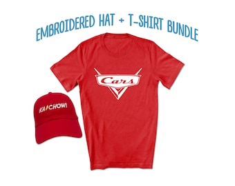 Ka-Chow Hat & CARS Logo T-Shirt Bundle / Gorra roja sin estructurar / Camisa de estilo suave premium / Lightning McQueen / CARS Fan Gift / Adulto Unisex