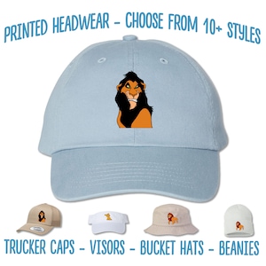 May include: A selection of hats featuring a cartoon image of Scar from The Lion King. The hats are available in trucker cap, visor, bucket hat, and beanie styles.  PRINTED HEADWEAR - CHOOSE FROM 10+ STYLES TRUCKER CAPS - VISORS - BUCKET HATS - BEANIES