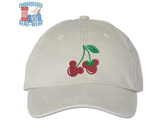 Mickey Minnie Cherries Embroidered Cap | Cute Cherry Fruit Mickey Minnie Mouse Ears Embroidered Cap Adult Youth Size Trucker Cap Bucket Hat