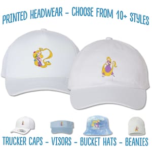 May include: White trucker hats, visors, bucket hats, and beanies with a cartoon image of a princess with long blonde hair.  "PRINTED HEADWEAR - CHOOSE FROM 10+ STYLES" and "TRUCKER CAPS - VISORS - BUCKET HATS - BEANIES" are printed on the image.