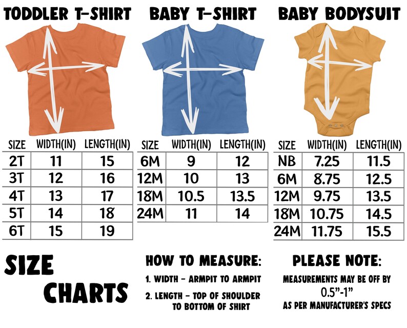 Puede incluir: Tablas de tallas para camisetas de ni&ntilde;o, camisetas de beb&eacute; y bodies de beb&eacute;. Se proporcionan medidas en pulgadas de ancho y largo para cada talla, incluyendo 2T a 6T para camisetas de ni&ntilde;o, 6M a 24M para camisetas de beb&eacute; y NB a 24M para bodies.