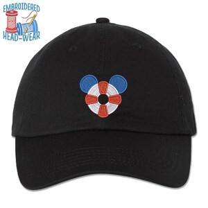 May include: Black baseball cap with an embroidered red, white, and blue life preserver in the shape of Mickey Mouse's head.