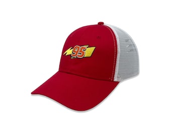 Cars Lightning McQueen 95 Trucker Cap | Embroidered Logo Hat with Snapback Adjustable Fit | Sally Carrera | Tow Mater | Doc Hudson | Guido
