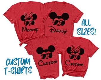 Disney Aviator T-Shirts | Mickey Mouse Minnie Mouse Family Shirts | Custom Text or Name | Available in All Sizes | Printed on Red T-Shirts