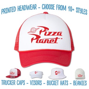 May include: A set of four hats featuring the Pizza Planet logo from the movie Toy Story. The hats include a red and white trucker cap, a white visor, a white bucket hat, and a white beanie.