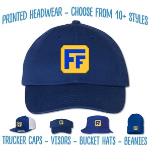 May include: A blue baseball cap with a yellow square patch featuring the letters "FF" in blue. The cap is available in a variety of styles, including trucker caps, visors, bucket hats, and beanies.