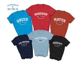 CARS Retro Print T-Shirts | Lightning McQueen | Tow Mater | Sally Carrera | Sheriff | Doc Hudson | Guido | Character Shirts | Soft Style Tee