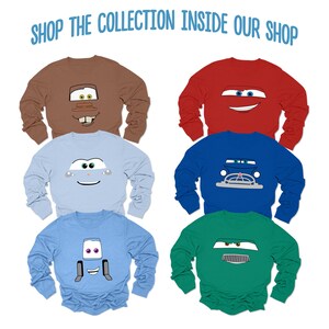 May include: Six long-sleeved shirts featuring different characters from the animated movie Cars. The shirts are in various colors, including brown, red, blue, green, and light blue. Each shirt has a different character from the movie Cars printed on the front.