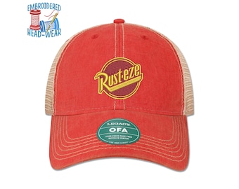Rust-Eze Embroidered Cap | Rusteze Lightning McQueen Costume Cap | Adult & Youth Sizes | Trucker Cap Bucket Hat Baseball Cap McQueen Hat
