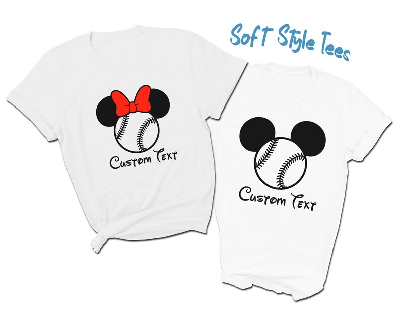 May include: Two white t-shirts with a baseball and Mickey Mouse ears design. The shirt on the left has a red bow on the ears. Both shirts have the text "Custom Text" printed below the design.