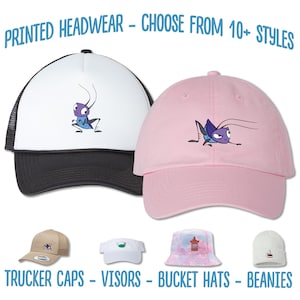 May include: A set of four different styles of hats featuring a cartoon cricket graphic. The hats include a black and white trucker cap, a pink baseball cap, a white visor, a tie-dye bucket hat, and a white beanie.