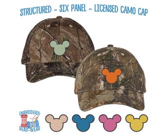 Mickey Mouse Embroidered Camo Cap | Adult Adjustable Structured Six Panel Camouflage Pattern | Mickey Ears Mid Profile Cotton Poly Blend Cap