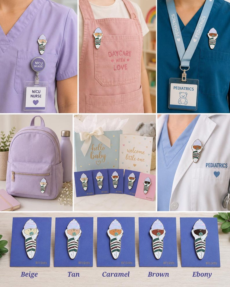 Pode incluir: Uma cole&ccedil;&atilde;o de pins de esmalte em forma de rec&eacute;m-nascido envolto em manta, com gorro e chupeta. Os pins apresentam v&aacute;rios tons de pele, incluindo bege, bronzeado, caramelo, castanho e &eacute;bano, em cart&otilde;es azuis com o texto Wv's Grotto.