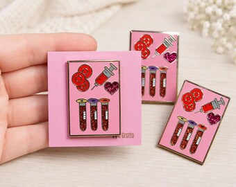 Phlebotomy Enamel Pin: Glitter Blood Vials, Syringe, and Heart