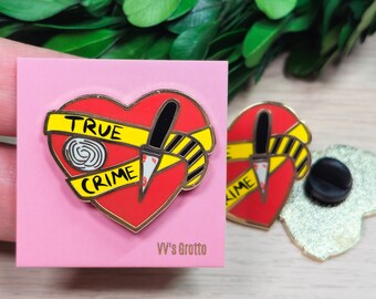 True Crime Enamel Pin, Heart & Fingerprint Design