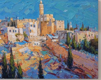 Jerusalem Canvas Print | Tower of David Holy Land Wall Art | Colorful Yerushalayim Cityscape | Israel Judaica Art by Shmueli Bell