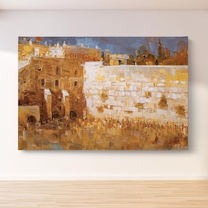Jewish Art Abstarct Kotel Painting, Judaica Wall Art Canvas, Israel Holy Land Prints, Gold Jerusalem Art