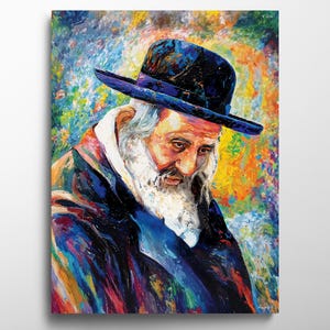 May include: A colorful oil painting of an older man with a long white beard and a black hat. The man is looking down, with a colorful, abstract background of blues, greens, yellows, and oranges.