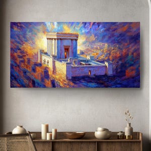 May include: An artistic canvas print depicts a detailed illustration of a temple with a classical architectural design. The building is rendered in shades of white and beige, set against a vibrant, colorful sky with hues of blue, orange, and yellow.