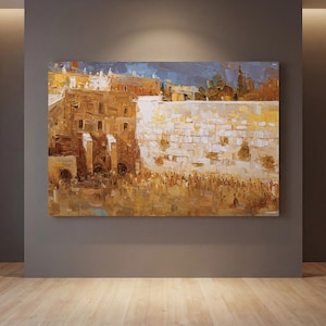 Abstract Kotel Painting, Gold Jerusalem Art, Judaica Wall Art Canvas