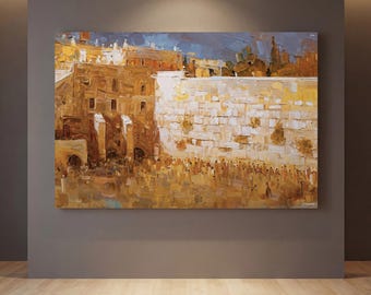Abstract schilderij Kotel, gouden Jeruzalemkunst, judaica muurkunstcanvas