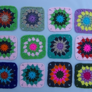 granny squares finished hand crocheted, sunburst granny square motif, yarn inspired Christmas, granny square embellishment, square crochet