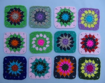 granny squares finished hand crocheted, sunburst granny square motif, yarn inspired Christmas, granny square embellishment, square crochet