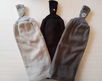 hanging kitchen dish towel crocheted top, black gray light gray kitchen hanging towel, double hand towel, made with full towel no cut no sew