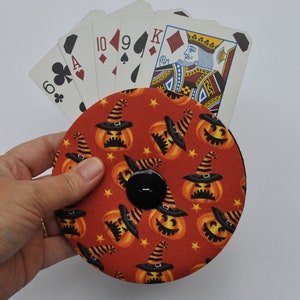 playing card holder, Halloween themed card holder, easy hold playing card holder, family game night card holder, fabric no drop card holder