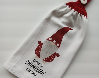 hanging kitchen dish towel, valentine gnome kitchen towel, gnome hand towel, valentine red kitchen towel made with full towel, double towel