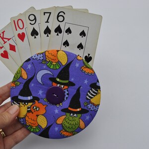 playing card holder, Halloween themed card holder, easy hold playing card holder, family game night card holder, fabric no drop card holder