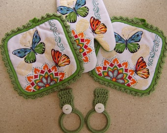 crochet hanging kitchen towel holder gift set of 5, green hand towel ring, crochet towel holder, butterfly pot holders, butterfly oven mitt