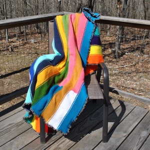 knitted blanket, lap afghan, thick warm knitted blanket, circle knitted addi blanket, scrap yarn throw, handmade blanket with colorful yarn