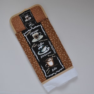 pot holder top hanging kitchen dish towel, oven door towel, coffee lovers kitchen, double thick coffee decor towel, full towel no cut no sew
