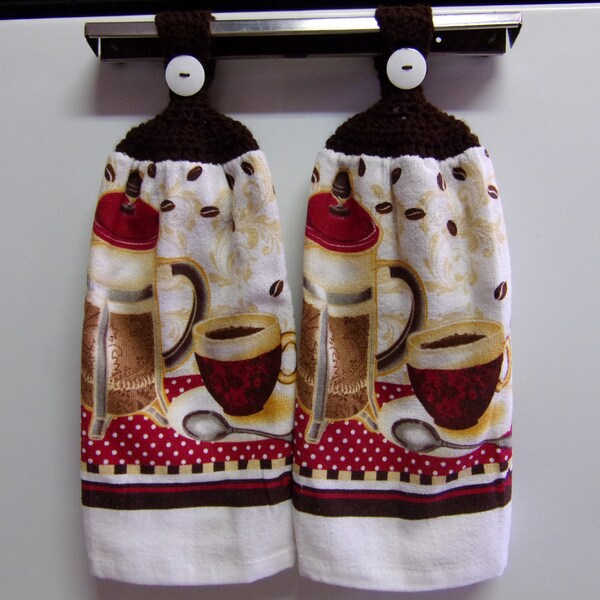 hanging kitchen dish towel set of 2, kitchen towel, coffee decor, coffee towel, crochet hanging towel, made with full towel no cut no sew