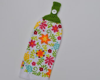 crochet top kitchen hanging dish towel, spring flower kitchen towel, flower kitchen decor, double or full towel no cut no sew