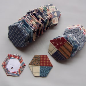 finished English paper piecing hexagons 1.5&quot;, EPP set of 50 country fabric hexagons, EPP made from basted with thread hexagon sewing supply