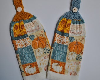 crocheted top fall pumpkin dish towel, fall farmhouse decor, autumn kitchen décor, double crochet top hanging towel full towel no cut no sew