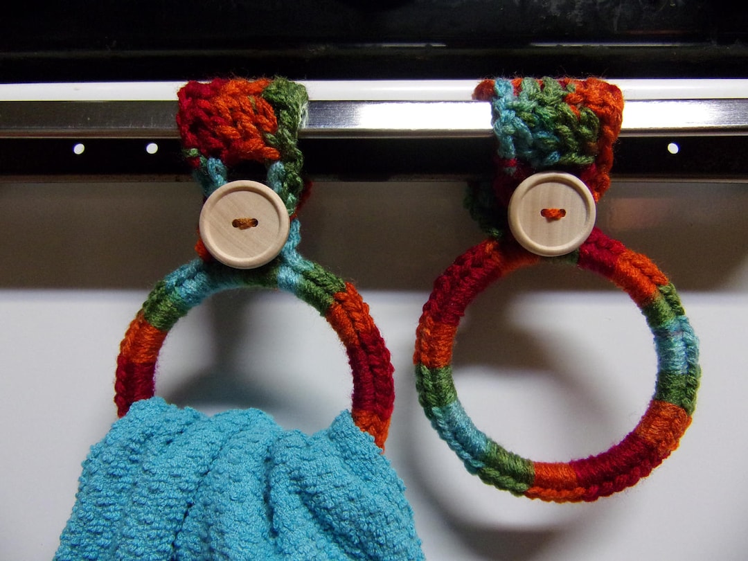 Crocheted Hanging Towel Holders Colorful, Kitchen Towel Ring, Hand