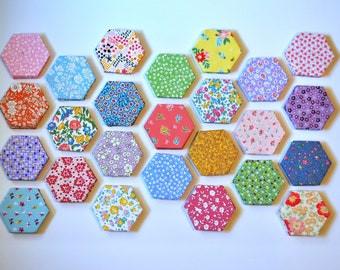 finished hexagons, thread basted, 1930's/vintage reproduction prints, EPP hexagon sewing supply, colorful print fabric craft hexie project