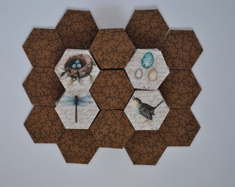 finished English paper piecing hexagons 1.5" EPP set of 85 basted fabric hexagons, brown and bird decor craft, project hexagon sewing supply