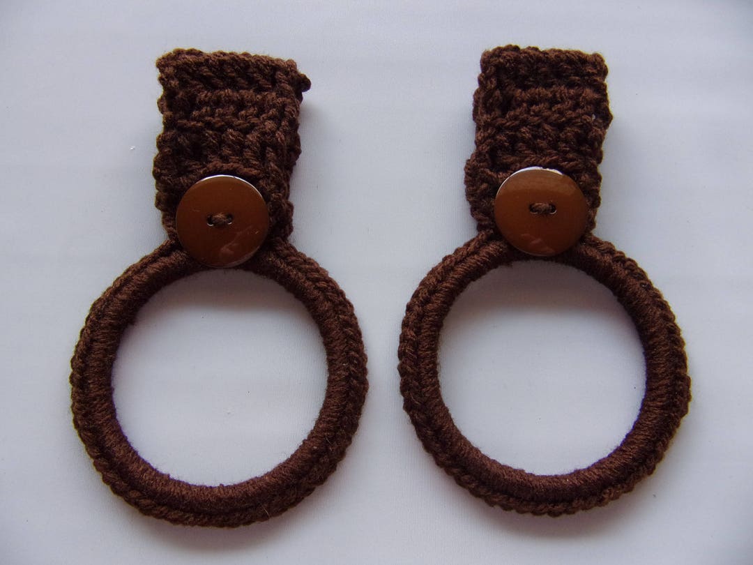 Crocheted Hanging Towel Holder Set of 2, Brown Kitchen Towel Ring, Hand