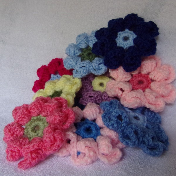 3d flower embellishment hand crocheted, set of 10, assorted colors, multiple uses, unique flowers, yarn craft flower, sensory blanket flower