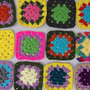 crochet granny squares finished set, granny square motifs, yarn inspired Christmas tree, granny square embellishments hand crocheted squares