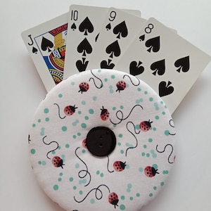 playing card holder lady bug assistant card holder, easy hold playing card holder, family game night card holder, fabric no drop card holder