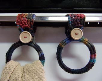 Crocheted Hanging Towel Holder Set, Earthy Tone Kitchen Decor